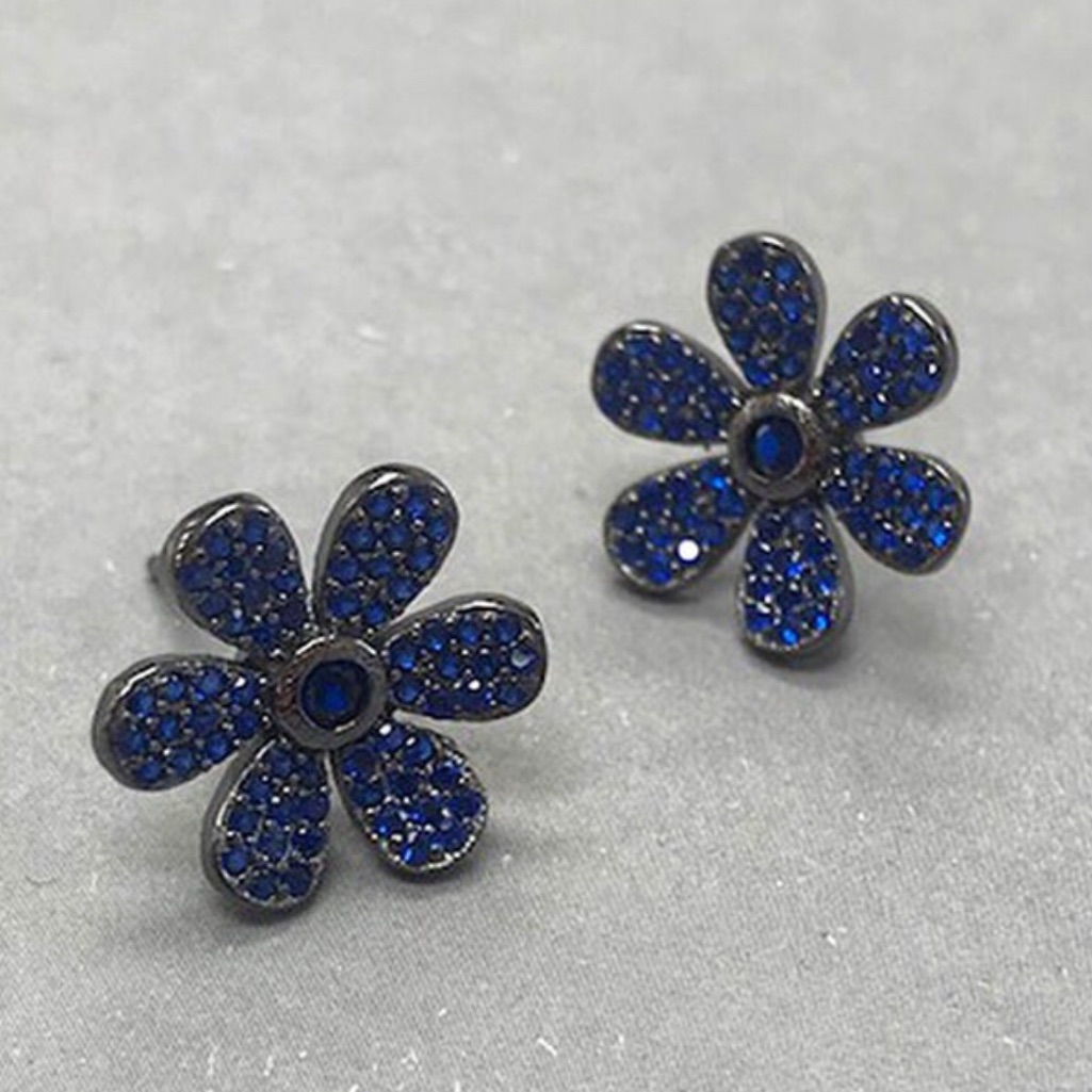 Sapphire Crystal Sterling Dark Rhodium Flowers
